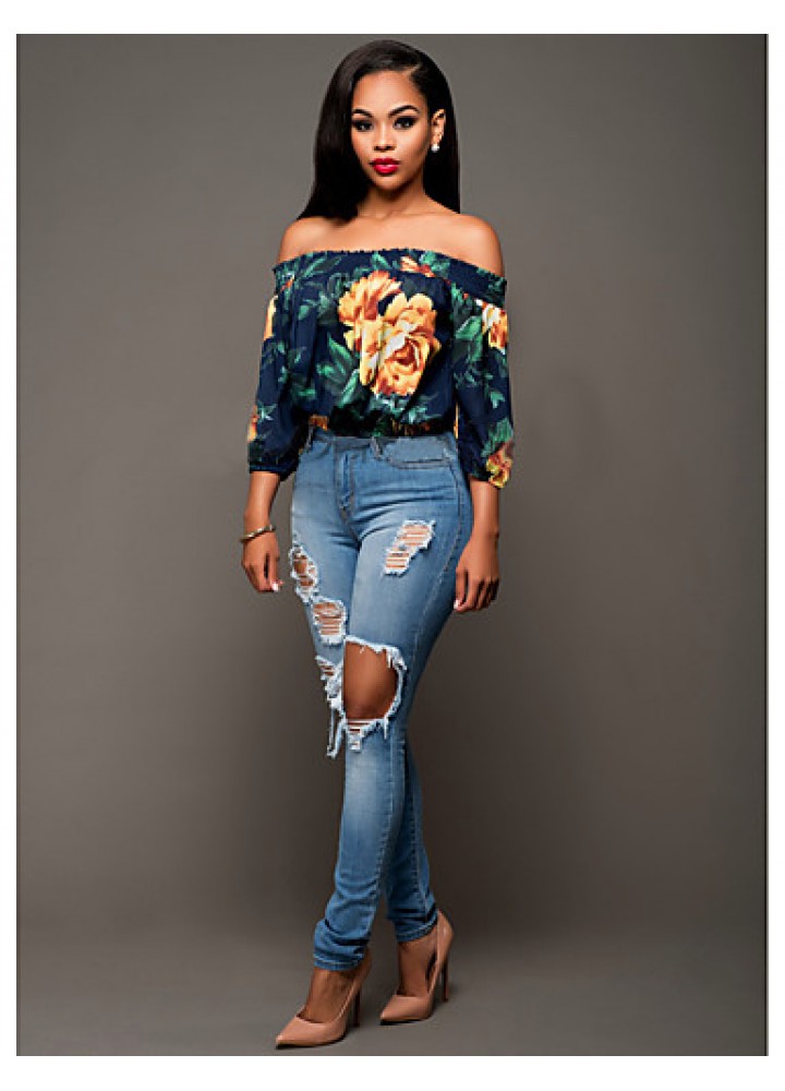 Women's Sexy Simple Boat Neck Off Shoulder Floral Print Summer Blouse