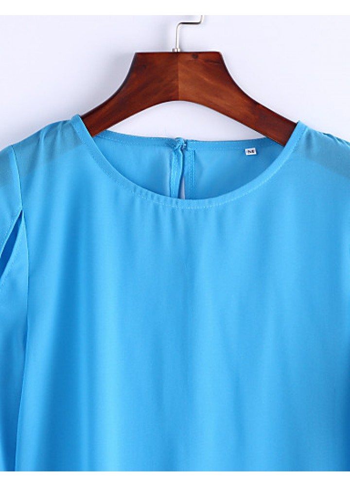 Sexy All Seasons Blouse,Solid Round Neck Long Sleeve Blue / Pink Polyester Thin