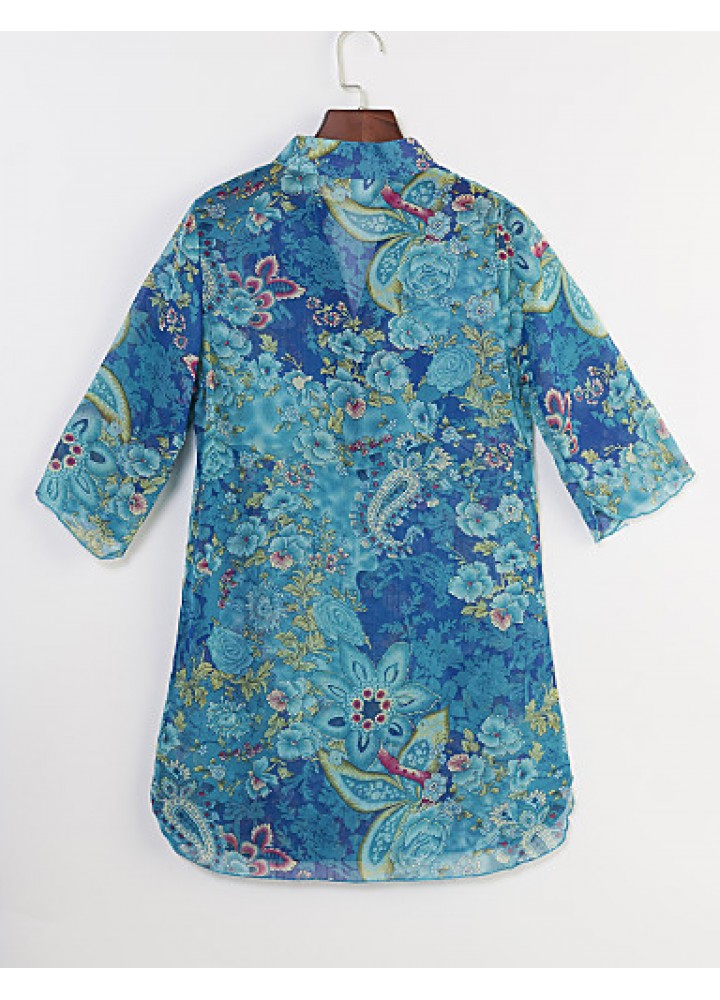 Women's Casual/Daily Boho Summer Blouse,Floral Stand ? Sleeve Blue Polyester Thin