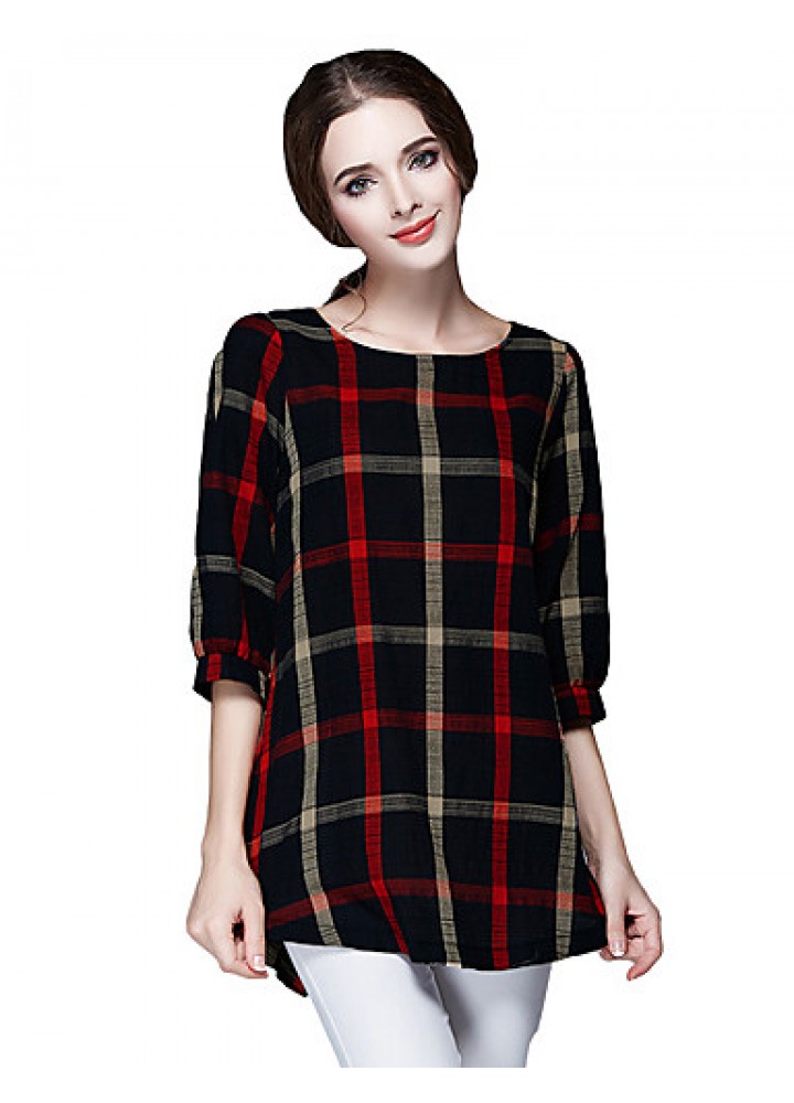 Women Ladies Blouse Plaid Print O Neck 3/4 Sleeve Plus Size Casual Loose Vintage Shirt Tops