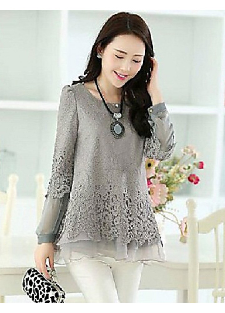 Women's Patchwork Black/Beige/Gray Blouse,Casual Round Neck Long Sleeve Hollow Out