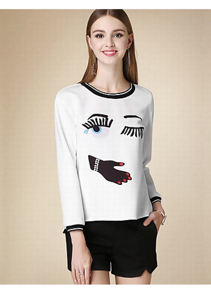 Women's Casual/Daily Cute Fall T-shirtPrint Round Neck Long Sleeve White Cotton Medium