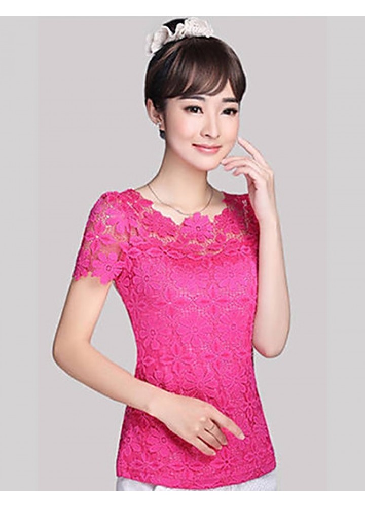 Summer Plus Size Women Solid Color Round Neck Short Sleeve Lace Blouse Slim Was Thin T-shirt Tops