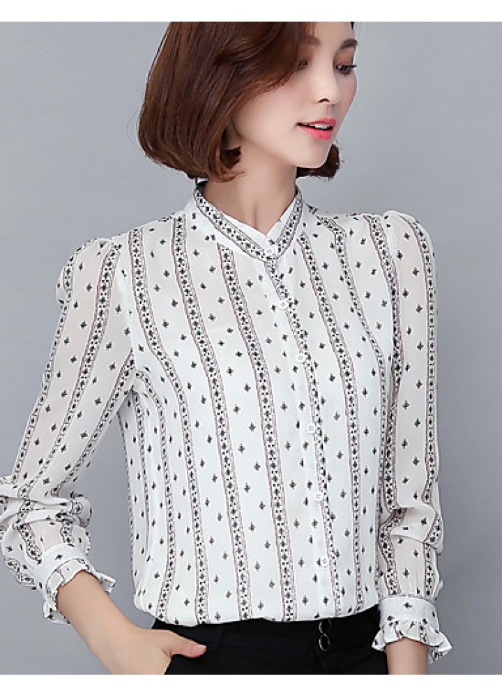 Spring Fall Going out Casual Women's Tops Fashion Striped Print Shirt Collar Long Sleeve Slim Chiffon Blouse