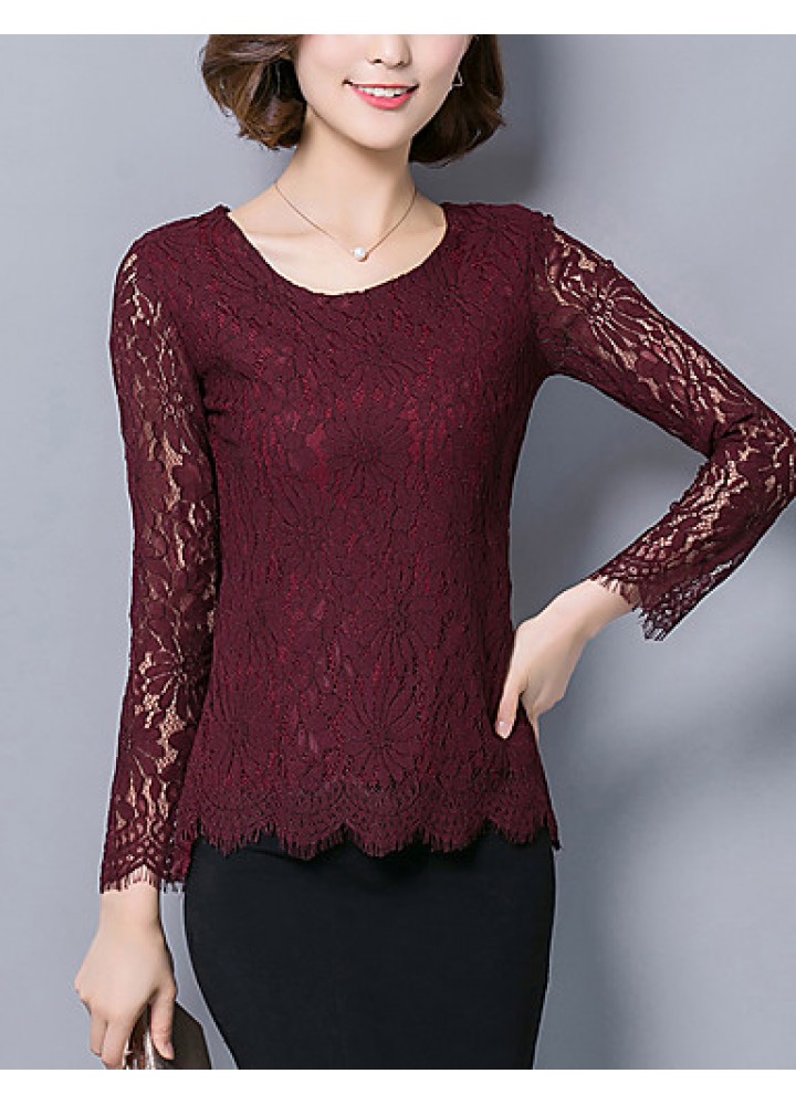 Women's Casual/Daily Sexy Fall Blouse,Solid Round Neck Long Sleeve Pink / Red / White / Black / Gray