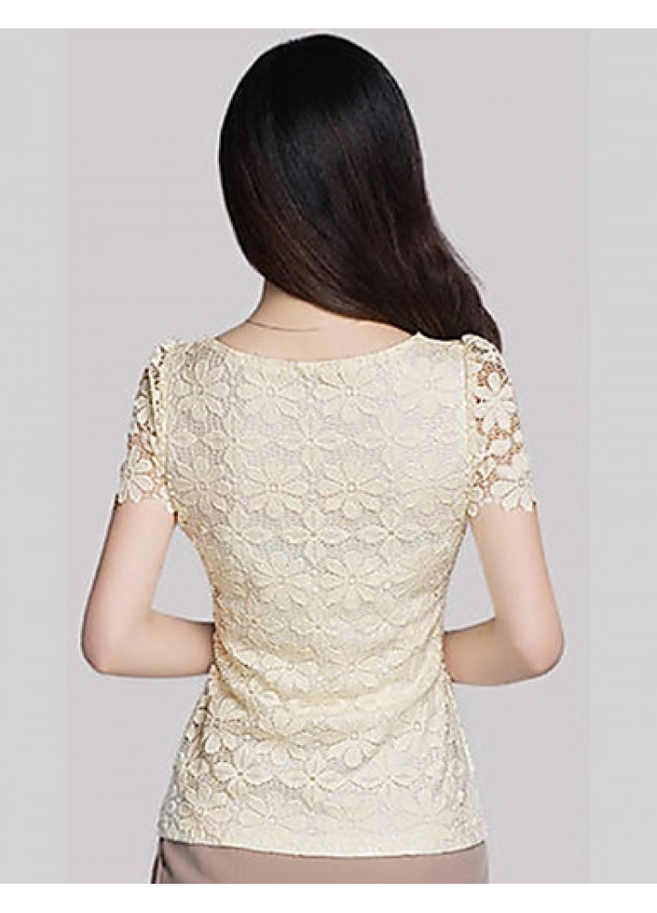 Summer Plus Size Women Solid Color Round Neck Short Sleeve Lace Blouse Slim Was Thin T-shirt Tops