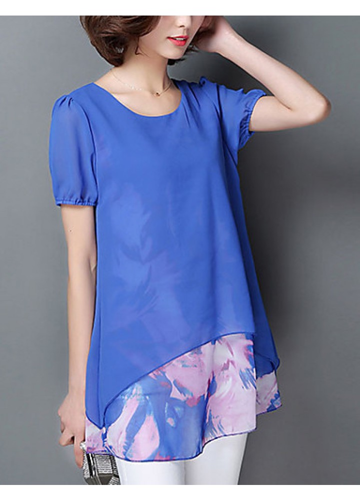 Women's Print Blue / Black / Orange Blouse,Round Neck Short Sleeve