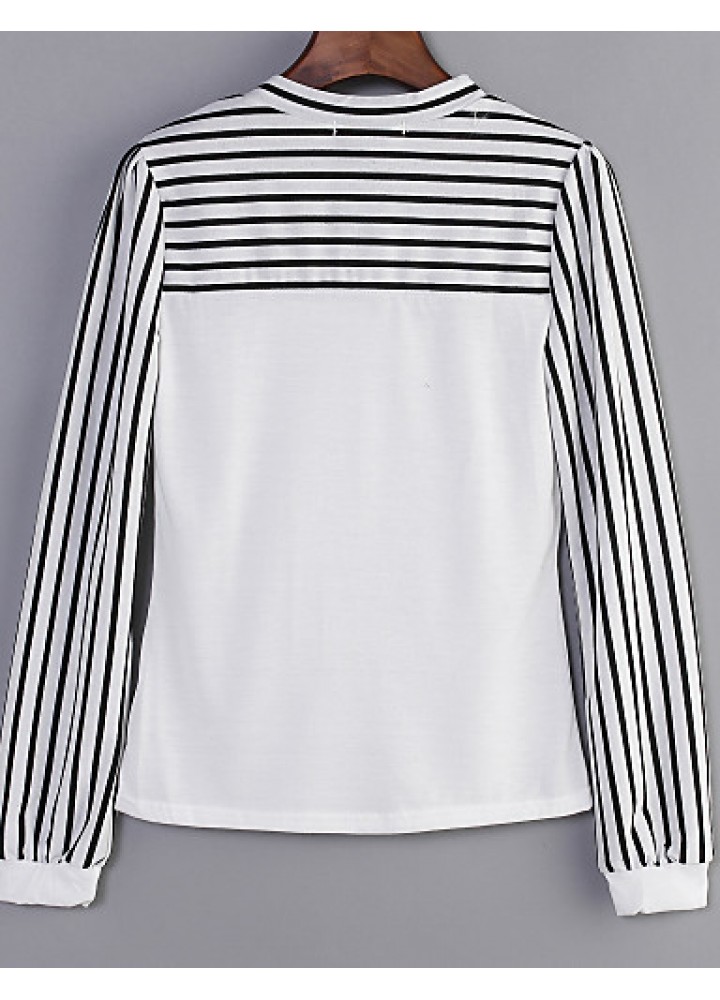 Women's Bow Neck Stripes Print Long Sleeves T-shirt