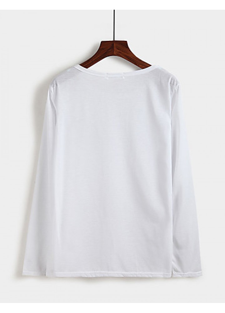 Women's Casual/Daily Vintage All Seasons T-shirtLetter Round Neck Long Sleeve White / Black Polyester Thin