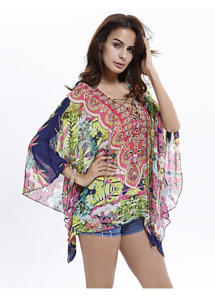 Women's Plus Size Batwing Sleeve Floral Print Chiffon Blouse