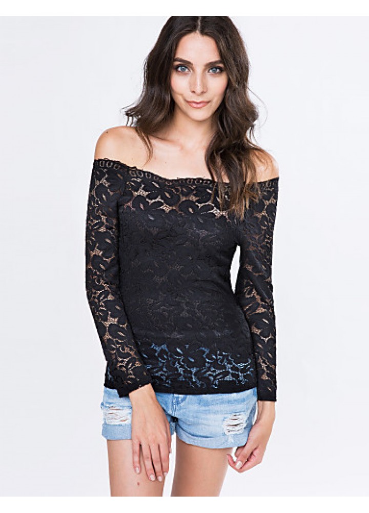 Women's Vogue Lace Bateau Long Sleeve Hollow Out Lace T-shirt