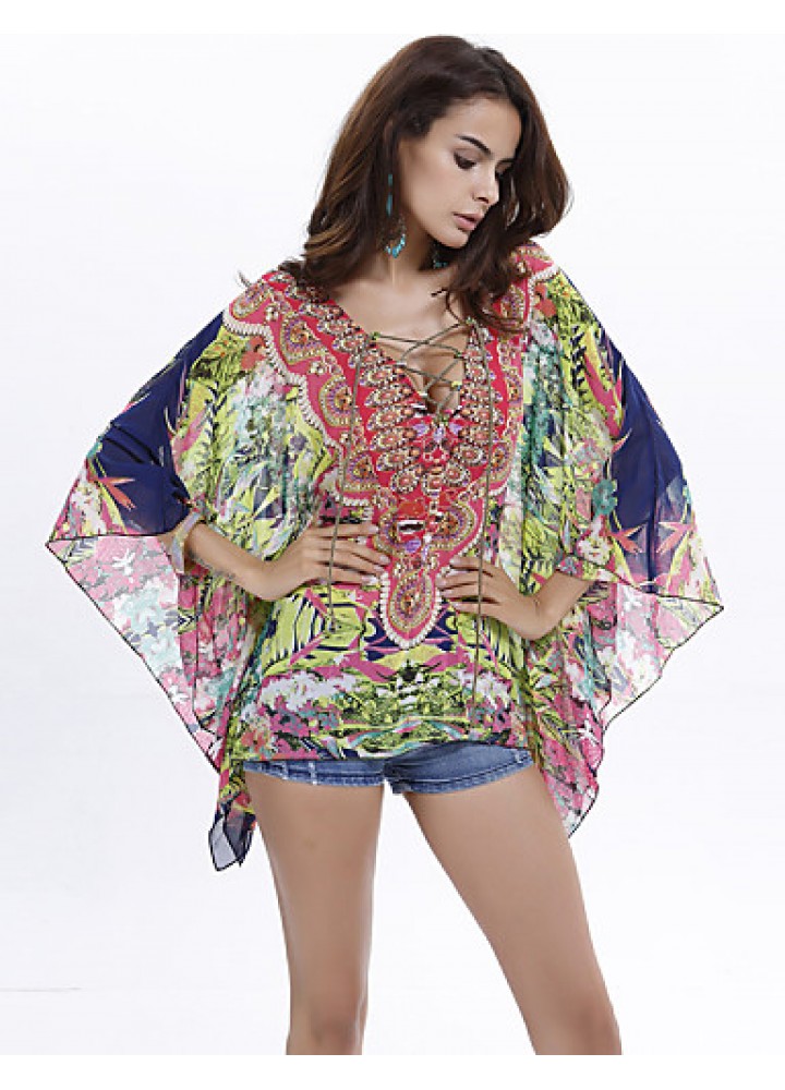 Women's Plus Size Batwing Sleeve Floral Print Chiffon Blouse