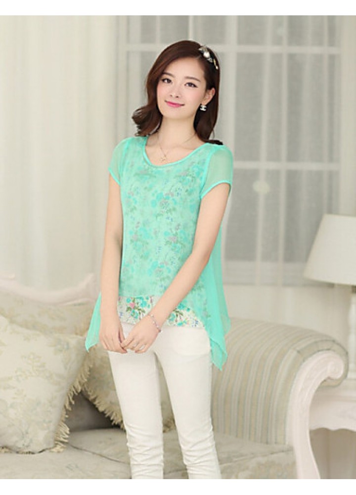 Women's Casual/Daily Simple Summer Blouse,Print Round Neck Short Sleeve Blue / Pink / Green Thin