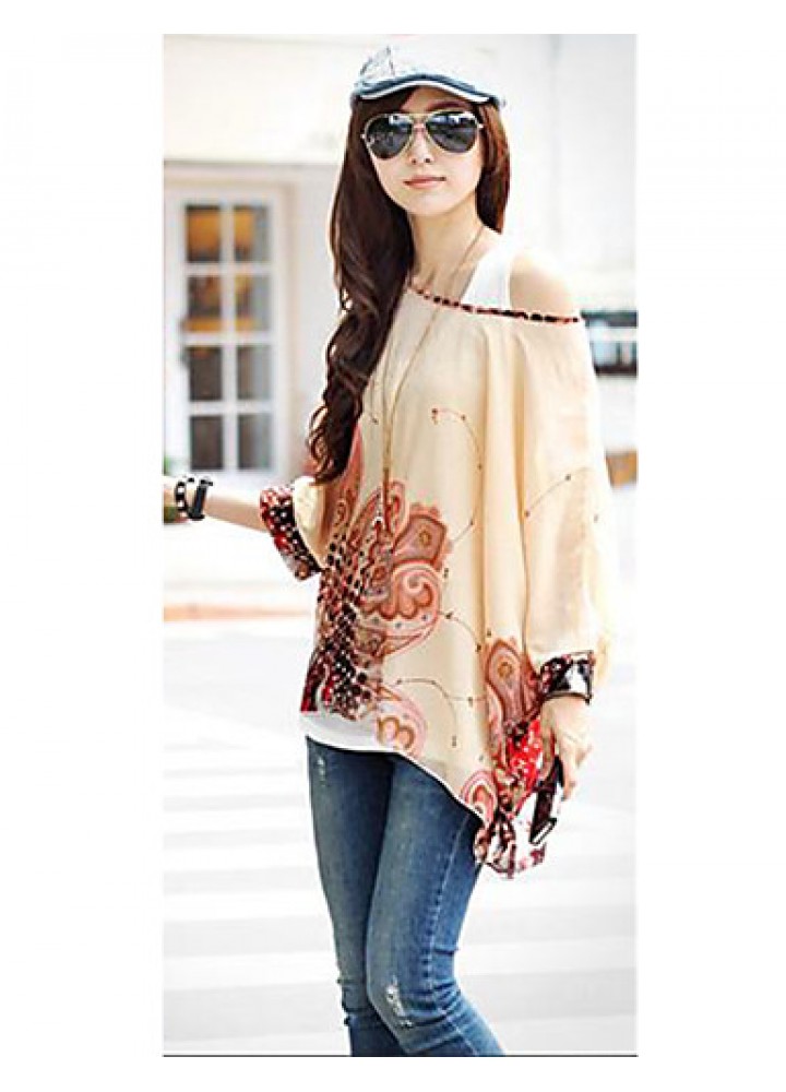 Women's Slack Neck Batwing Sleeve Printed Loose-Fitting Blouse