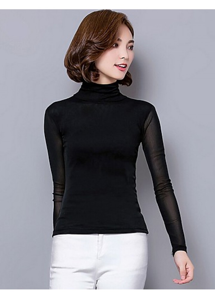 Daily Sexy Fall Blouse,Solid Turtleneck Long Sleeve Blue / Pink / Red / White / Black / Gray Polyester Thin