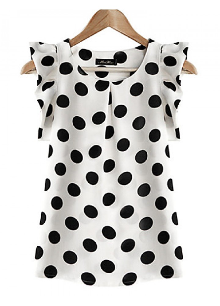 Women's Casual/Daily / Plus Size Simple Summer Blouse,Polka Dot Round Neck Short Sleeve White Polyester Translucent