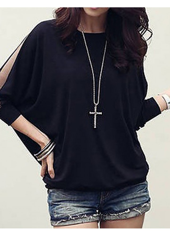 Women's Batwing Round Neck Sheer Mesh Cape Sleeve Loose T-Shirt