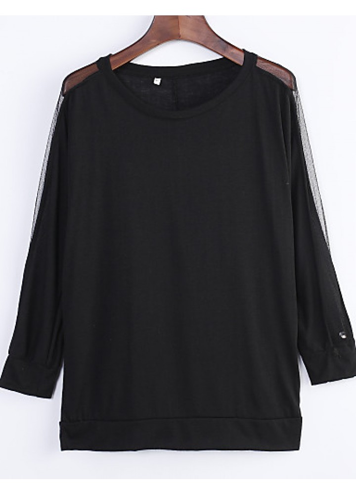 Women's Batwing Round Neck Sheer Mesh Cape Sleeve Loose T-Shirt