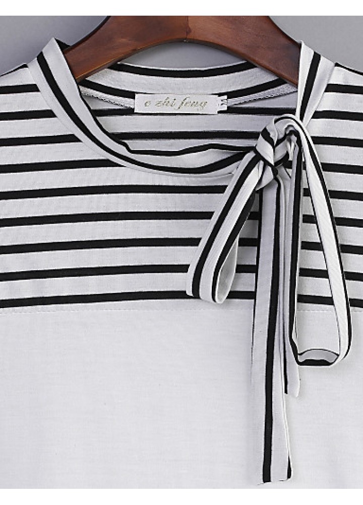 Women's Bow Neck Stripes Print Long Sleeves T-shirt