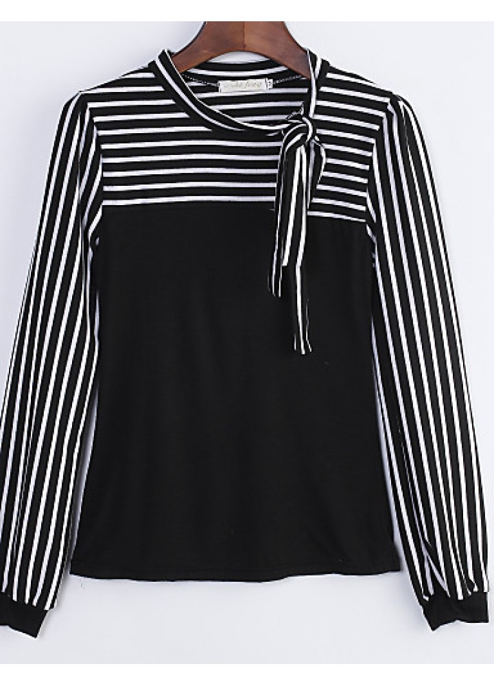 Women's Bow Neck Stripes Print Long Sleeves T-shirt