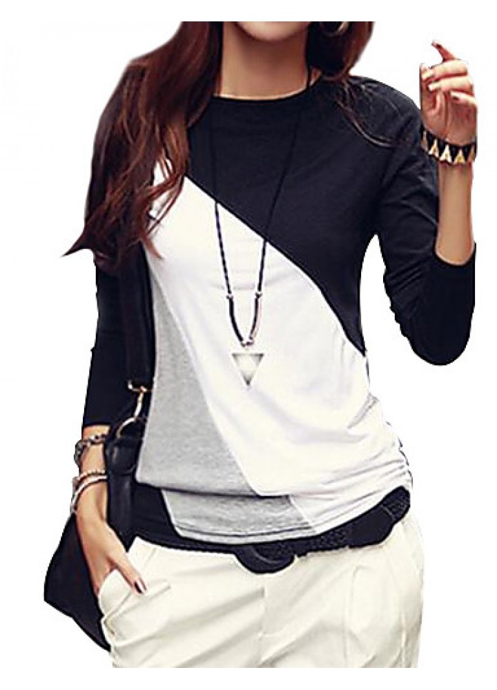 Women's Casual Round Collar Long Sleeve Spliced Color Block T-shirt