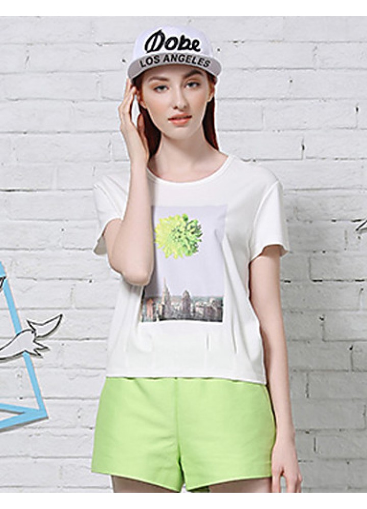 Women's Casual/Daily Simple Summer T-shirtPrint Round Neck Short Sleeve White / Green