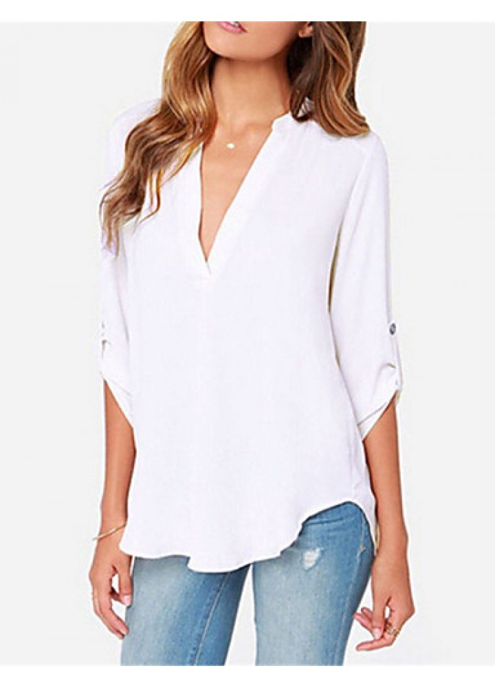 New Blusas Sexy V Neck Chiffon Women Blouse Casual Long Sleeve OL Style Solid Shirts Tops Plus Size