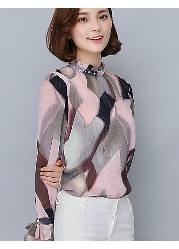 Spring Fall Go out Casual Women's Tops Fashion Wild Pink Printing Stand Collar Long Sleeve Chiffon Blouse