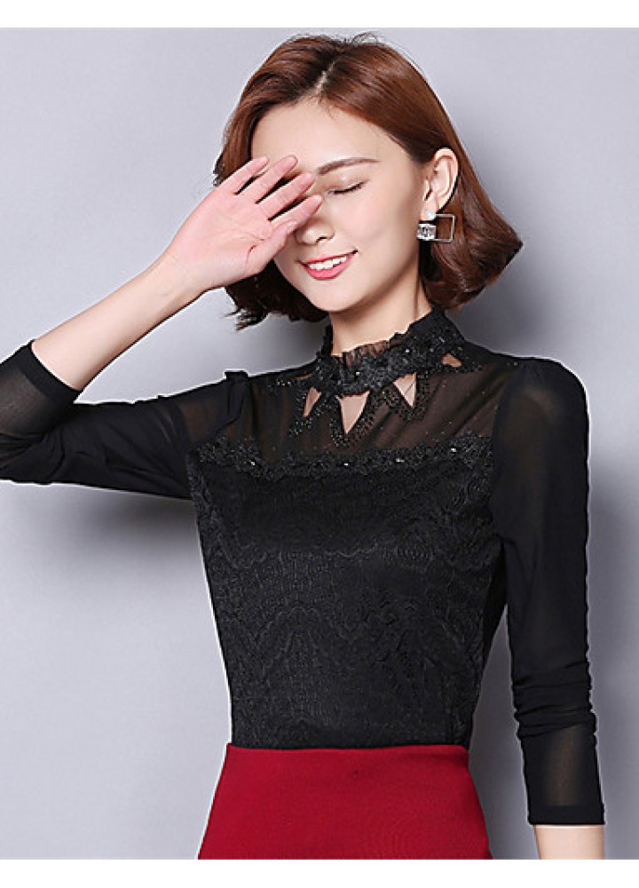 Spring Fall Women's Going out Fashion Wild Casual Solid Color Patchwork Stand Long Sleeve Blouse