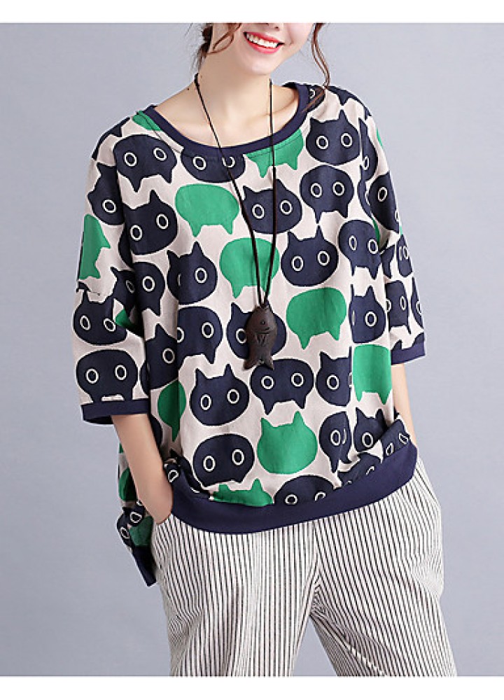 Women's Casual/Daily Cute / Street chic Spring / Fall T-shirt Print Round NeckSleeve Green Cotton / Linen Medium