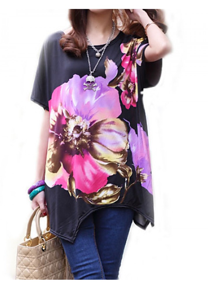 Women's Casual/Daily Boho / Street chic Summer T-shirt,Floral Round Neck Short Sleeve Black Rayon Thin