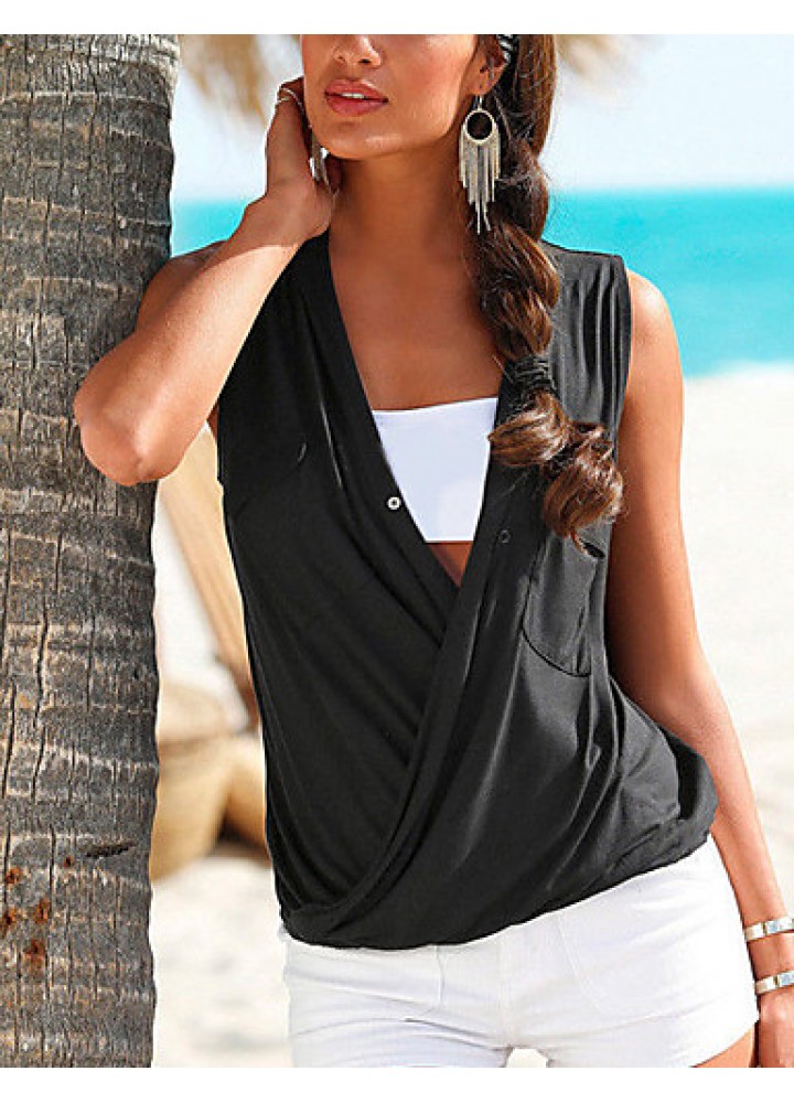 Women's Beach Sexy / Boho T-shirt,Solid Deep V Sleeveless White / Black / Brown Polyester Thin