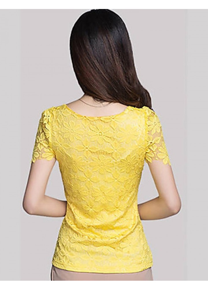 Summer Plus Size Women Solid Color Round Neck Short Sleeve Lace Blouse Slim Was Thin T-shirt Tops