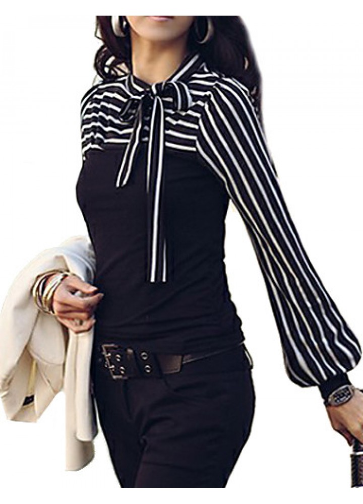 Women's Bow Neck Stripes Print Long Sleeves T-shirt