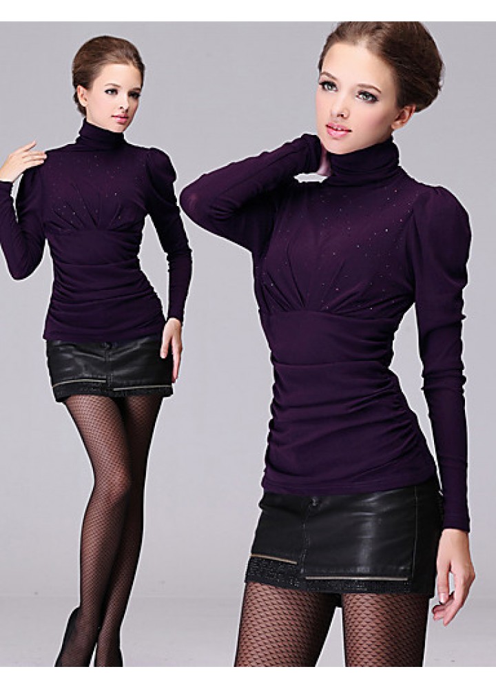 Women's Plus Size / Sexy Spring Blouse,Solid Turtleneck Long Sleeve Black / Green / Purple Cotton / Rayon Medium