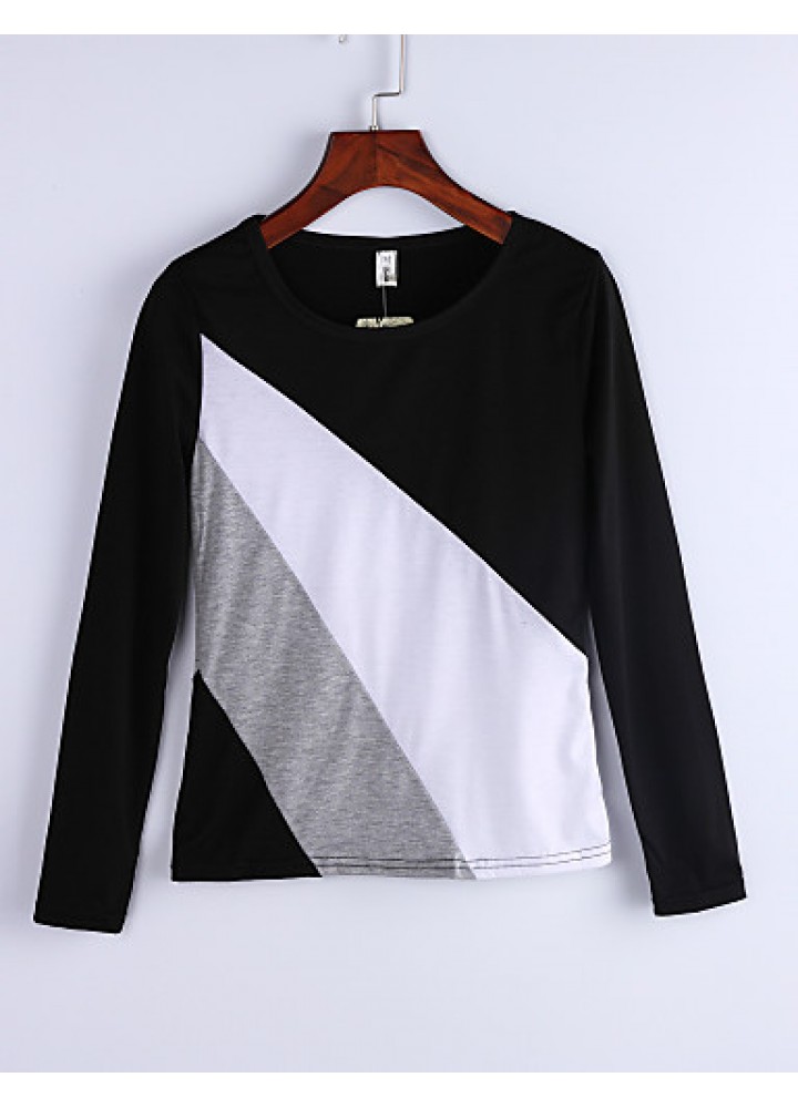 Women's Casual Round Collar Long Sleeve Spliced Color Block T-shirt