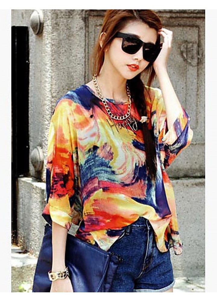 Women's Casual/Daily Boho Summer Blouse,Print Round Neck ? Sleeve Orange Polyester Thin