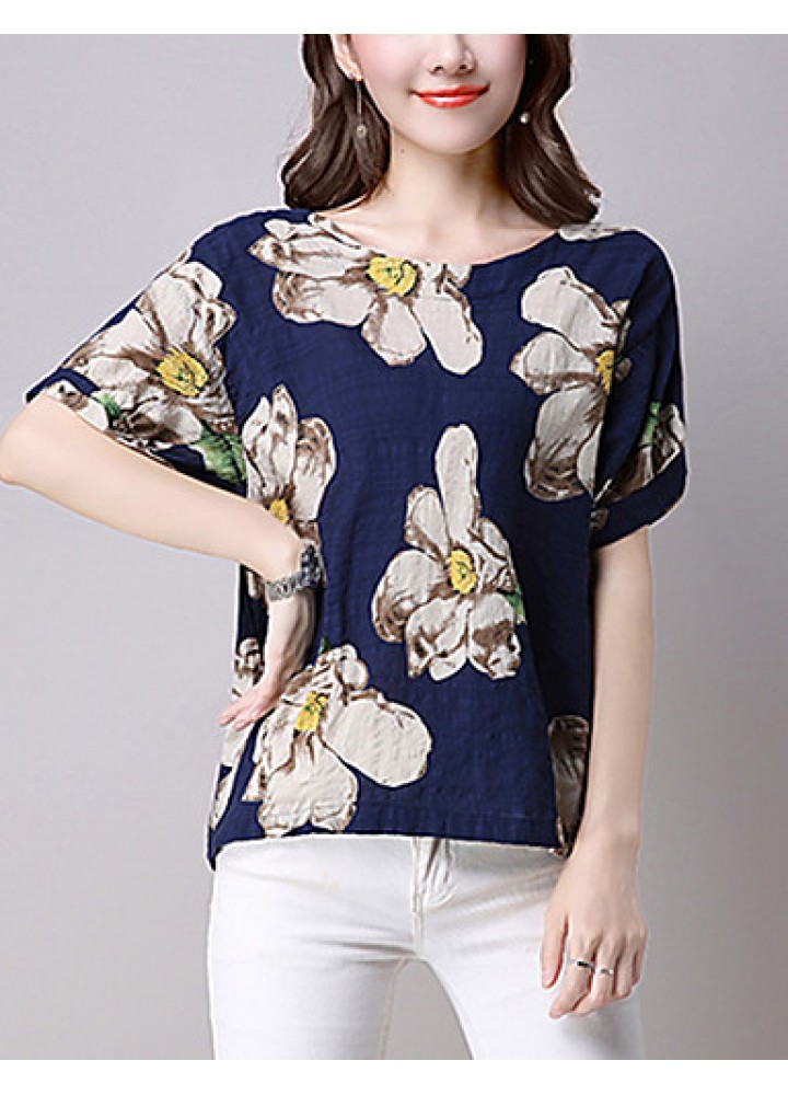 Women's Going out / Casual/Daily Street chic Spring / Summer T-shirt,Print Round Neck Short Sleeve