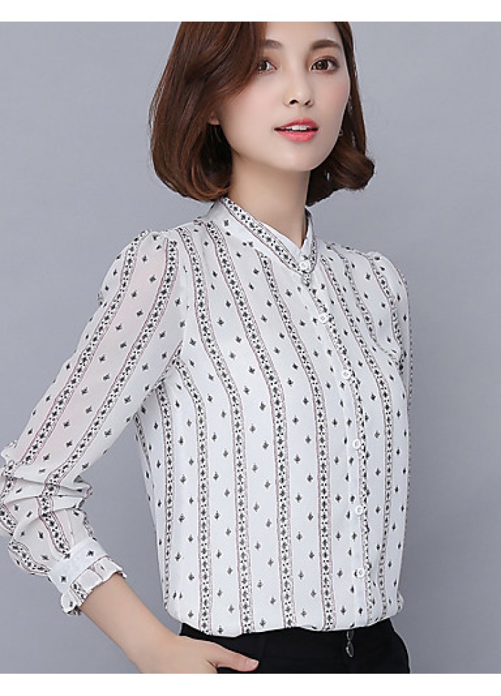 Spring Fall Going out Casual Women's Tops Fashion Striped Print Shirt Collar Long Sleeve Slim Chiffon Blouse