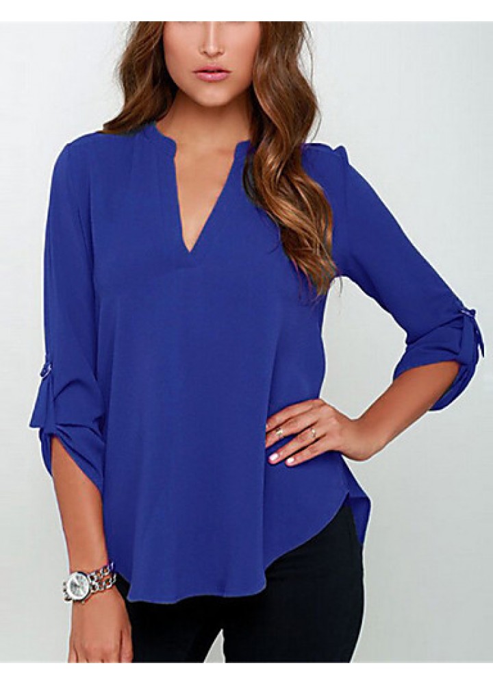 New Blusas Sexy V Neck Chiffon Women Blouse Casual Long Sleeve OL Style Solid Shirts Tops Plus Size