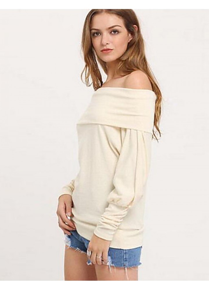 Women's Casual Fall / Winter T-shirt Solid Off Shoulder Long Sleeve White / Brown Shirt