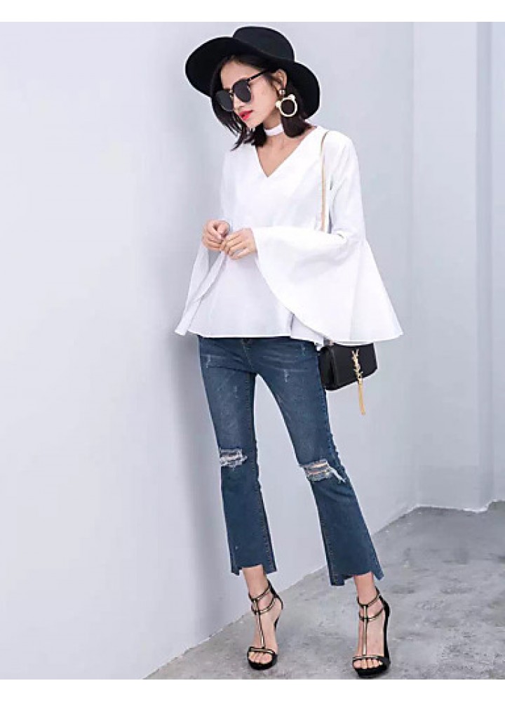 Women's Flare Sleeve Solid White / Black Loose Thin Blouse,Plus Size V Neck Long Sleeve