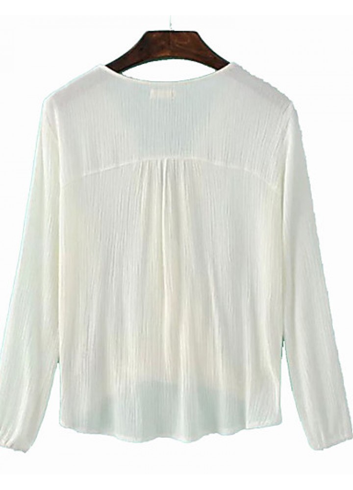 Women's Going out Simple Spring ShirtSolid V Neck Long Sleeve White Polyester Medium