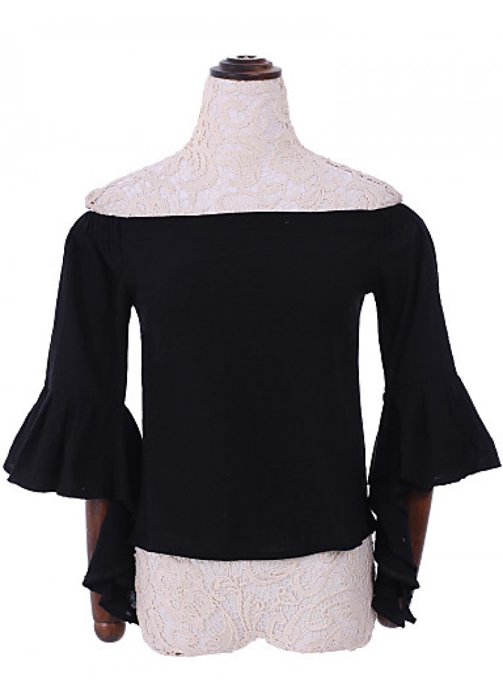 Women's Solid White / Black Blouse,Boat Neck ? Sleeve