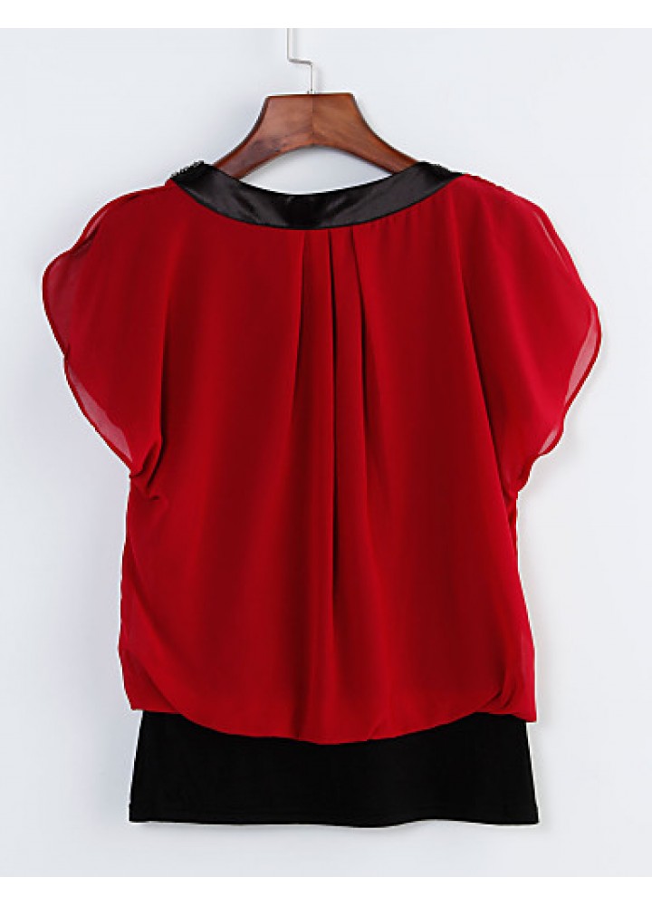 Women's Solid Red/Black/Green Blouse, Plus Size Beaded V Neck Short Petal Sleeve