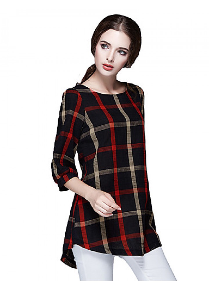 Women Ladies Blouse Plaid Print O Neck 3/4 Sleeve Plus Size Casual Loose Vintage Shirt Tops