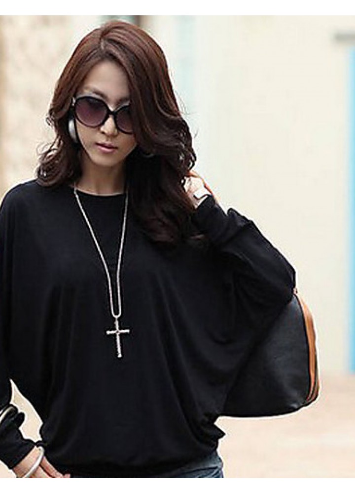 Women's Batwing Round Neck Sheer Mesh Cape Sleeve Loose T-Shirt