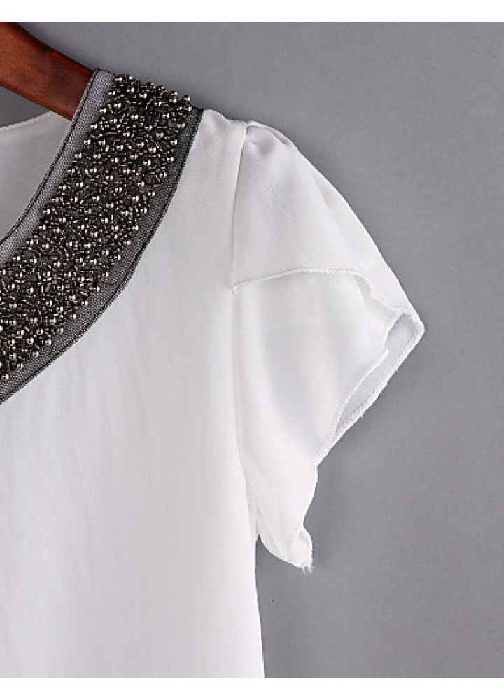 Women's Round Neck Sequins Blouse , Chiffon Short Sleeve