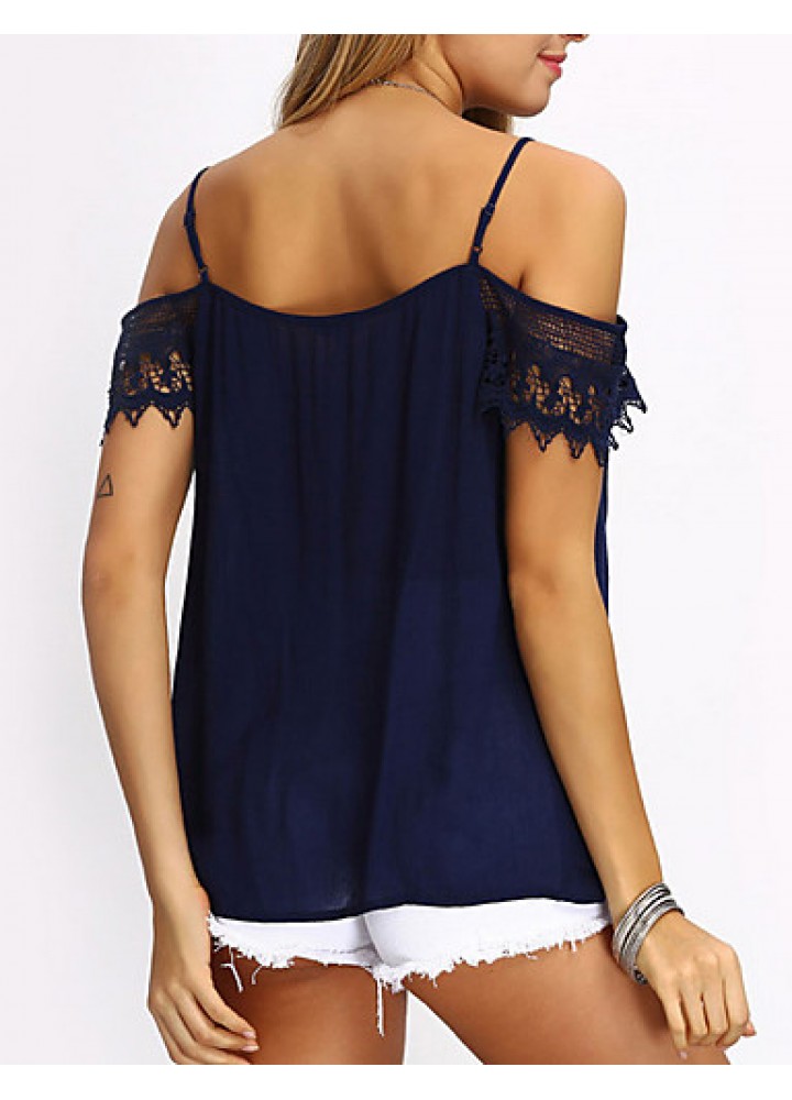 Women's Holiday Sexy / Boho Blouse,Solid Strap Short Sleeve Blue Polyester Thin