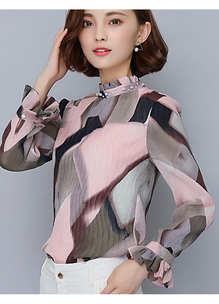 Spring Fall Go out Casual Women's Tops Fashion Wild Pink Printing Stand Collar Long Sleeve Chiffon Blouse